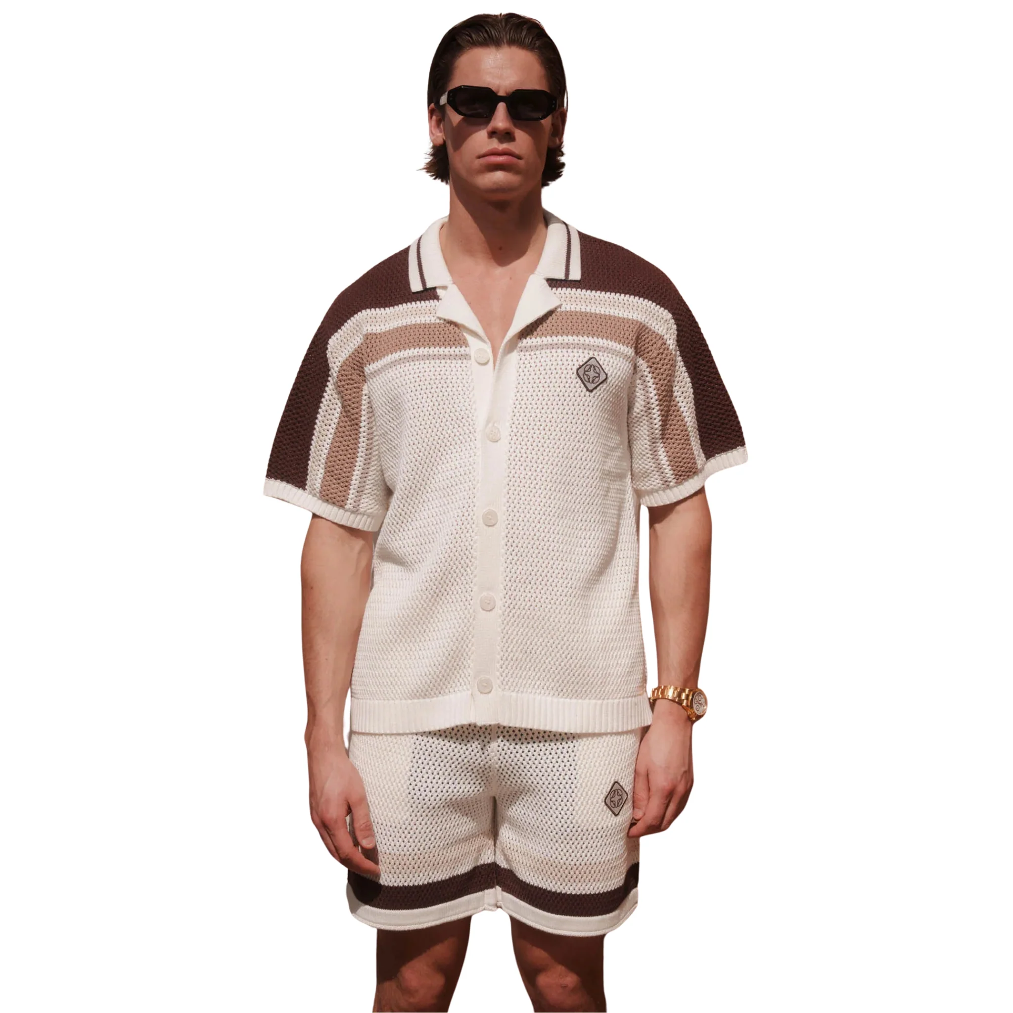 Mens Belier White/Brown Tennis Crochet S/s Shirt - Image 4