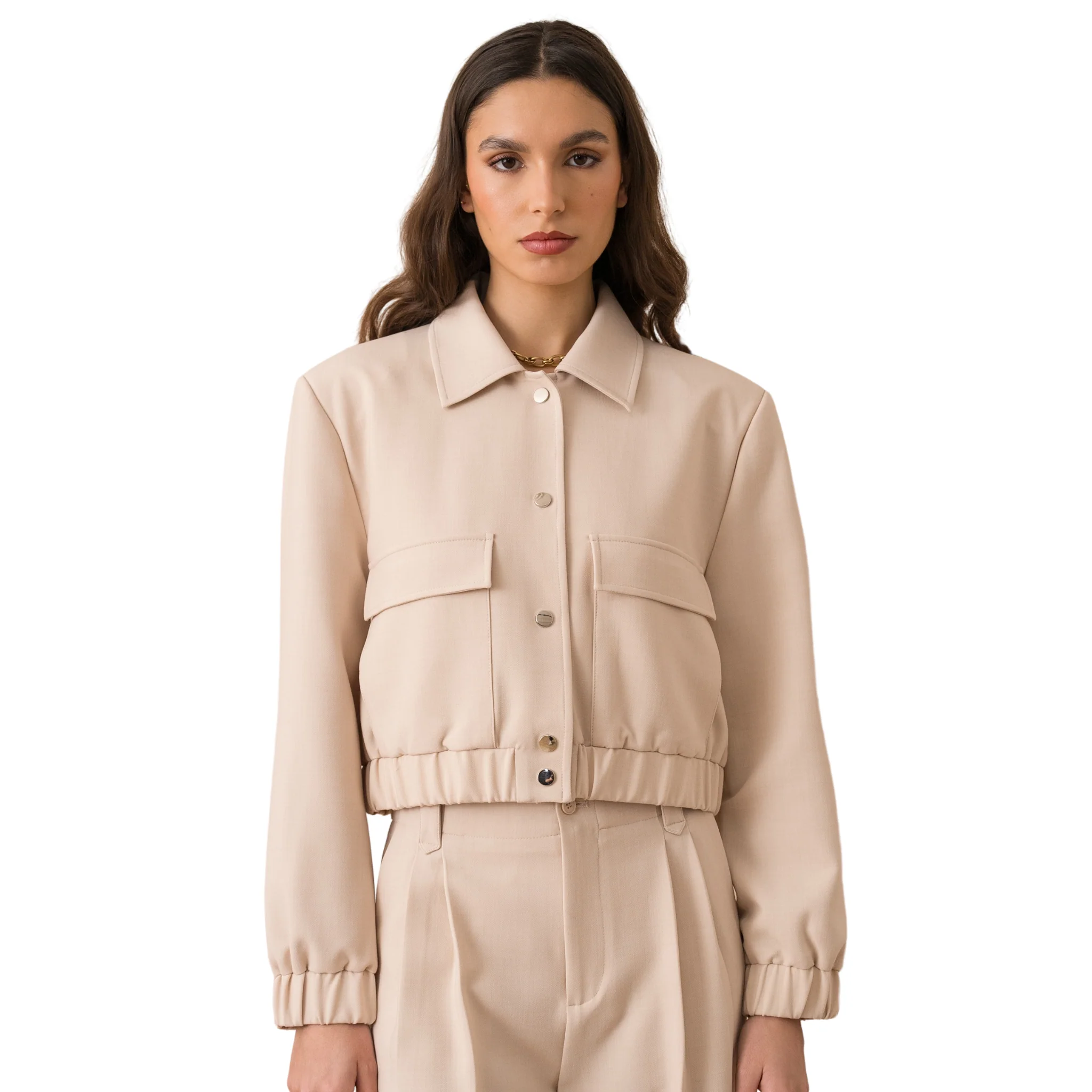 Womens Attentif Beige Snap Button Cropped Jacket