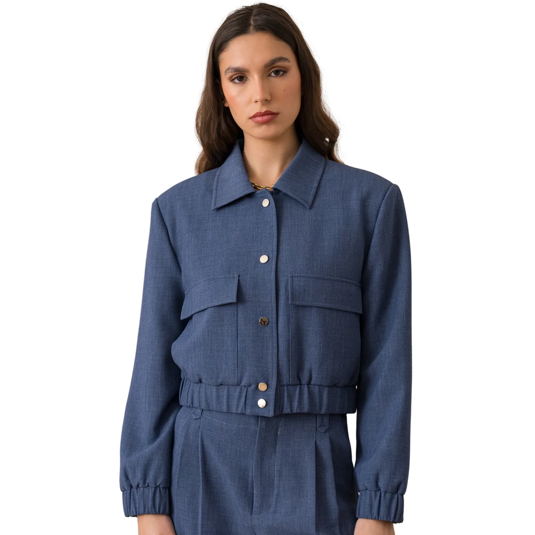 Womens Attentif Denim Blue Snap Button Cropped Jacket